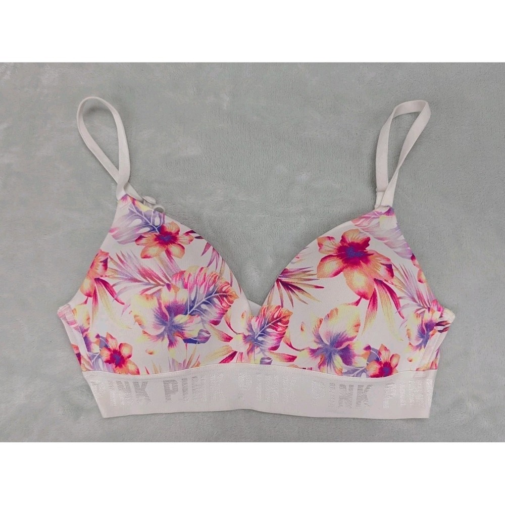 Pink Victoria Secret Women 32C Bra Wireless Lightly Padded Adj Strap Pink Floral